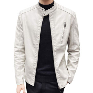 Men's Premium White Genuine Leather <b>Biker</b> <b>Jacket</b> Stand Collar Slim Fit Motorcycle <b>Jacket</b> with Zipper Pockets Casual Fashion - Product Image 1