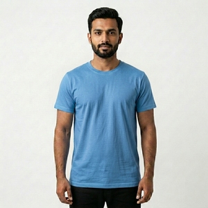 Camiseta de Algodón para Hombre, Corte Regular, Color Azul Sólido, Cuello Redondo, Manga Corta, Estilo Casual de Punto Jersey - Product Image 1