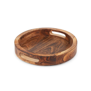 Plateau de service rond en bois de manguier artisanal de qualité supérieure avec poignées découpées, plat décoratif écologique pour restaurants et hôtels - Product Image 4