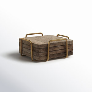 Square Wooden <b>Coasters</b> <b>With</b> Elegant Gold <b>Holder</b> <b>Set</b> Perfect For Coffee Tea Cups Home Kitchen Table Decor And Guest Serving - Product Image 1