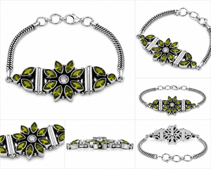 Hot Selling Women's Brass Oxidized Silver Antique Silver Plated <b>Beaded</b> <b>Bracelet</b> Quartz Green Gemstone Vintage Floral Design - Product Image 3