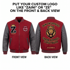 Premium Polyester/Nylon Windproof Hooded Bomber <b>Jacket</b> Custom Embroidery Red/Gray Faux <b>Leather</b> Sleeves Rib Knit Cuffs Unisex - Product Image 1