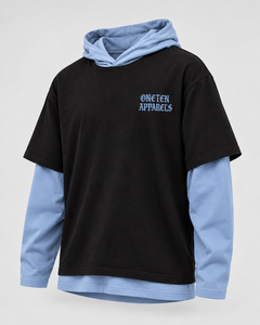 ONETEN APPARELS Sudadera con Capucha Oversize para Hombre, Negra con Forro Azul, Estilo Casual Urbano, Manga Larga, Corte Regular, Ropa de Otoño - Product Image 2