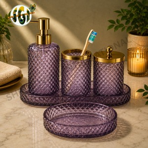 Luxury Five-piece Amber Glass <b>Bathroom</b> <b>Accessories</b> <b>Set</b> Gold Finish Durable Soap Dispenser Toothbrush Holder Storage Jar - Product Image 5