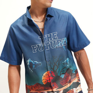Chemise d'été à manches courtes pour homme, imprimée, col rabattu, décontractée, respirante, bleu marine, imprimé photo, tissu popeline - Product Image 5