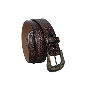 Export Quality Hand Craved Floral Engraved Unisex Full Grain Western <b>Leather</b> <b>Tooling</b> Belt Designer Antique Brass Cowboy Buckle - Product Image 4