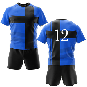 Conjunto de Camiseta de Fútbol Personalizada para Hombre en Azul y Negro con Bloques de Color, Absorbente de Humedad, Manga Corta, 100% Poliéster, Impresión Sublimada - Product Image 1