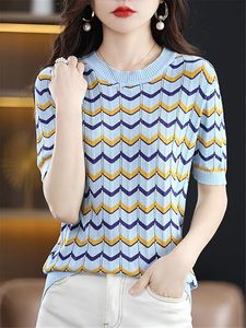 T-shirt décontracté en coton tricoté à col rond et manches courtes pour femme, coupe ajustée, usage régulier, été, 100 % coton, couleur unie - Product Image 4