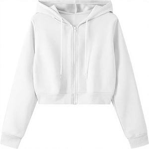 <b>White</b> <b>Cropped</b> <b>Zip</b>-<b>Up</b> <b>Hoodie</b> Regular Fit Long Sleeve Casual Solid Color Knitted Unisex Autumn Wear - Product Image 1