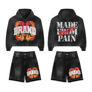 Ensemble deux pièces personnalisé pour femme : short en jean épais à capuche et logo imprimé, grandes tailles, streetwear hiver/printemps, marque privée OEM - Product Image 1