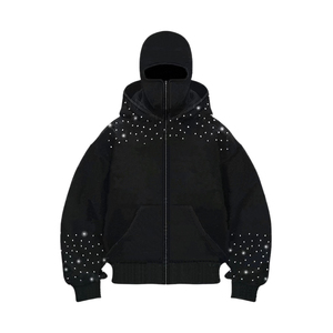 Sweat-shirt à capuche surdimensionné pour homme, imprimé strass, en polaire, zippé, veste d'hiver, couleur unie, respirant, 100% coton - Product Image 5