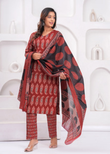 Conjunto de Salwar Kameez de Algodón Estampado Color Granate con Dupatta de Diseño para Mujer |   Ropa Étnica Tradicional |   Conjunto Informal - Product Image 5