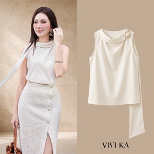 Blusa sin mangas color crema para mujer con panel de bufanda, detalle metálico en el hombro, top elegante drapeado, poliéster y elastano MIRVEN - Product Image 1