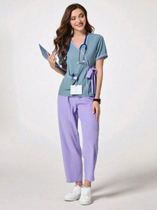 Unisex V-Neck Cotton Polyester <b>Scrub</b> <b>Top</b> Short Sleeve Woven Hospital Uniform Pocket Stethoscope Loop Needle Detection for - Product Image 5