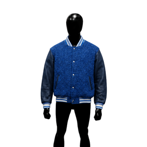 Blouson universitaire en laine bleu roi PREMIUM pour homme – Style Preppy, streetwear, hiver, chauffant, respirant, col rabattable, boutonné - Product Image 1