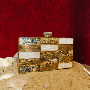 INDIAN Mother of Pearl Mosaic Brass <b>Grid</b> Clutch Handmade Evening Statement Bag with Geometric Panels Luxury Art Finish - Product Image 2