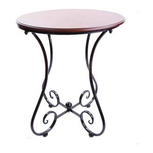 <b>Vintage</b> Round Wooden Top <b>Side</b> <b>Table</b> with Ornate Wrought Iron Scrollwork Base for Living Room Bedroom Hotel Furniture - Product Image 1