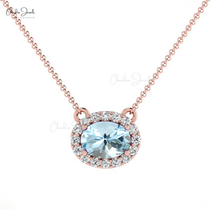 Trending Products Oval Cut 7x5mm Aquamarine & Diamond Halo Necklace 14k Solid Gold <b>Link</b> Chain Necklace Top Wholesale Suppliers - Product Image 3