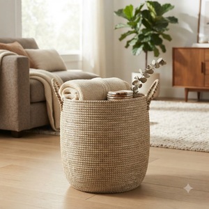 Panier à linge rond en jonc de mer naturel fait main, panier de rangement tressé, organisateur de maison écologique personnalisé, commande en gros - Product Image 5