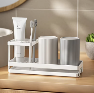 Soporte para cepillo de dientes eléctrico estilo japonés, organizador de almacenamiento para baño con vaso para enjuague. - Product Image 2