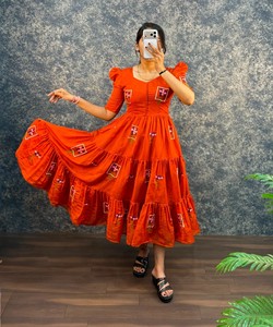 Vestido Largo Informal de Algodón Naranja para Mujer, Bordado, Estilo Étnico, para Fiestas, India, Pakistán, Todas las Temporadas, Secado Rápido - Product Image 1