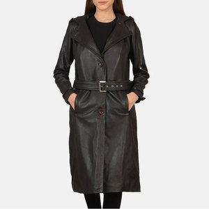 Abrigo de Cuero Genuino Negro Premium para Mujer, Gabardina Clásica Larga con Cinturón, Abrigo de Piel de Oveja, Corte Entallado, Elegante - Product Image 1
