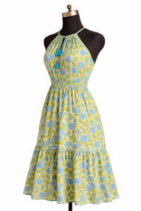 Green Floral Hand Block Print Panel Dress V Neck Sleeveless Neck Tussle Women Summer Wear Handmade Masterpiece Cotton Gown - Product Image 3