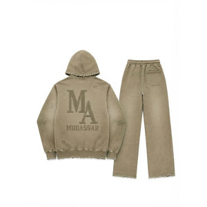 Mudassar Khaki Acid Washed Beaded Tracksuit Set Cotton Polyester Hoodie Joggers Loose Fit 380 Gsm Casual <b>Heat</b> Transfer Print <b>Log</b> - Product Image 2