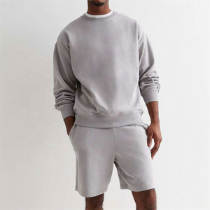 Custom <b>Men's</b> Casual <b>Grey</b> Crewneck <b>Sweatshirt</b> and Shorts Set Oversized Fleece Pullover Breathable Wholesale OEM Manufacturer - Product Image 1