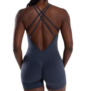 Combinaison moulante sans coutures pour femme, sans manches, à compression, bleu foncé, avec dos à bretelles - Product Image 2