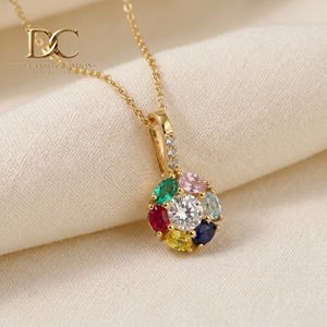 14KT <b>Solid</b> Yellow <b>Gold</b> Necklace <b>Pendant</b> with Lab Grown Diamond and Multi Gemstone IGI Certified Vintage Fine Jewelry for Women - Product Image 6