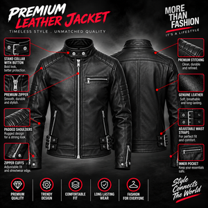 Chaqueta de Motociclista para Hombre 2026, Negra, de Piel Vacuna, Transpirable, Corte Ajustado, Cuello Alto, Cierre de Cremallera, Estilo Biker, Invierno - Product Image 6