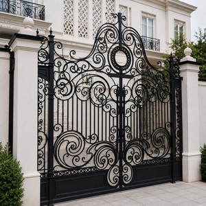 Elegante puerta doble de hierro forjado negro con intrincado medallón circular de calado y diseño de entrada de mansión lujosa - Product Image 6
