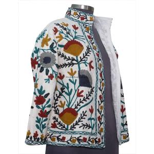 Handmade <b>White</b> Suzani Embroidery Women's Short Coat Elegant Winter Wear Design with Washed TNT Fabric Winter <b>Jacket</b> - Product Image 4