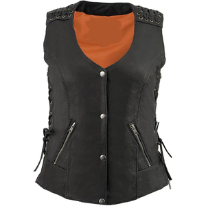 Gilet de moto Samroz Sports pour femme en cuir noir léger avec fermeture éclair inférieure extensible et lacets - Product Image 3