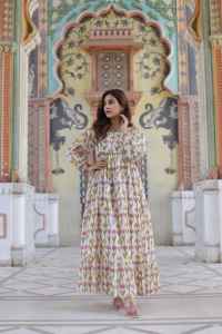 ชุดเดรสยาวลำลองผ้าฝ้ายพิมพ์ลายบล็อกอินเดียสำหรับผู้หญิง ระบายอากาศได้ดีและสวมใส่สบาย - Product Image 4