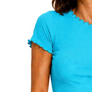 Turquoise Ribbed Crop <b>Top</b> <b>Women</b> Short Sleeve Lettuce Trim Crew Neck Cotton Spandex Slim Fit Casual Summer T Shirt Custom OEM - Product Image 3