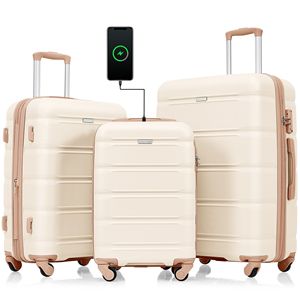 Set portabagagli USB da 20 pollici guscio rigido in stile Beige dorato certificato aereo con ruote Spinner portabicchieri 3 bagaglio a mano - Product Image 1