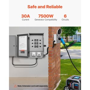 Kit Interruttore di Trasferimento Manuale ATS per Generatore, 30 Ampere, 6 Circuiti, Pre-cablato, con Scatola di Ingresso Alimentazione NEMA L14-30P a Doppia Ingressione - Product Image 2