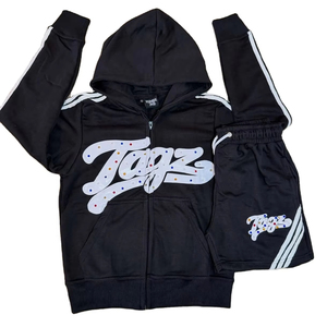 Conjunto de Sudadera con Capucha y Pantalones Cortos con Logotipo Bordado Personalizado y Pedrería, Tela de Felpa 100% Algodón, Impresión de Logotipo Frontal en Serigrafía, Conjunto Oversize - Product Image 1