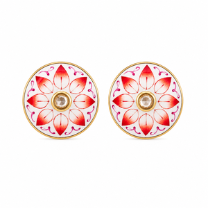 Handmade Enamel <b>Red</b> Lotus <b>Cufflinks</b> for Men Brass Round Cuff Links with Vine Motif Formal Wear Rajasthan Mayrabygungun - Product Image 2