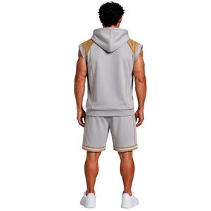 Ensemble de survêtement sans manches à capuche gris clair camel pour homme, avec logo personnalisé, pour la gym, le fitness, l'entraînement sportif, comprenant un sweat à capuche et un short, vêtements de sport - Product Image 2