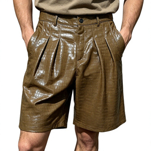 Men's Black PU Coated Bermuda Shorts High Waist Button Fly Embossed Pattern With Pockets Street Style - Product Image 3
