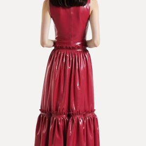 <b>Red</b> PU Leather Midi <b>Dress</b> With Ruffle Hem Square Neck Sleeveless A-Line Party Wear Sexy Style - Product Image 4