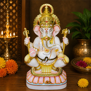 Pure Marble Ganesh <b>Statue</b> on Lotus Base | Handcrafted Lord Ganesha Idol with <b>Gold</b> Crown | Premium Marble Ganpati Murti for Home - Product Image 1