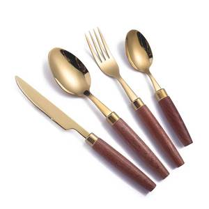 Cubiertos de acero inoxidable con mango de madera para el hogar: cuchara, tenedor, cuchillo, vajilla - Product Image 1