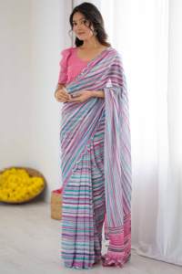 Traditional Georgette Beautiful Tone Colour <b>Mirror</b> Work Saree <b>with</b> Unstitched Blouse for Women Party - Product Image 3