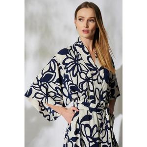 Kimono floral para mujer, vestido tipo bata, azul marino y blanco, estampado, con cinturón, ligero, largo hasta el suelo, cintura natural, ropa de dormir - Product Image 3