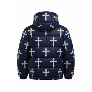 Nouvelle conception – Doudoune matelassée bleue à imprimé croix pour homme, avec capuche, manteau d'hiver bouffant, style streetwear, épais et chaud, personnalisable avec logo OEM - Product Image 4