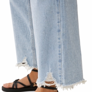 Jean en denim déchiré pour femme, coupe droite, taille mi-haute, jambe large, respirant, écologique, vintage, en Spandex/Coton, confortable au quotidien - Product Image 5